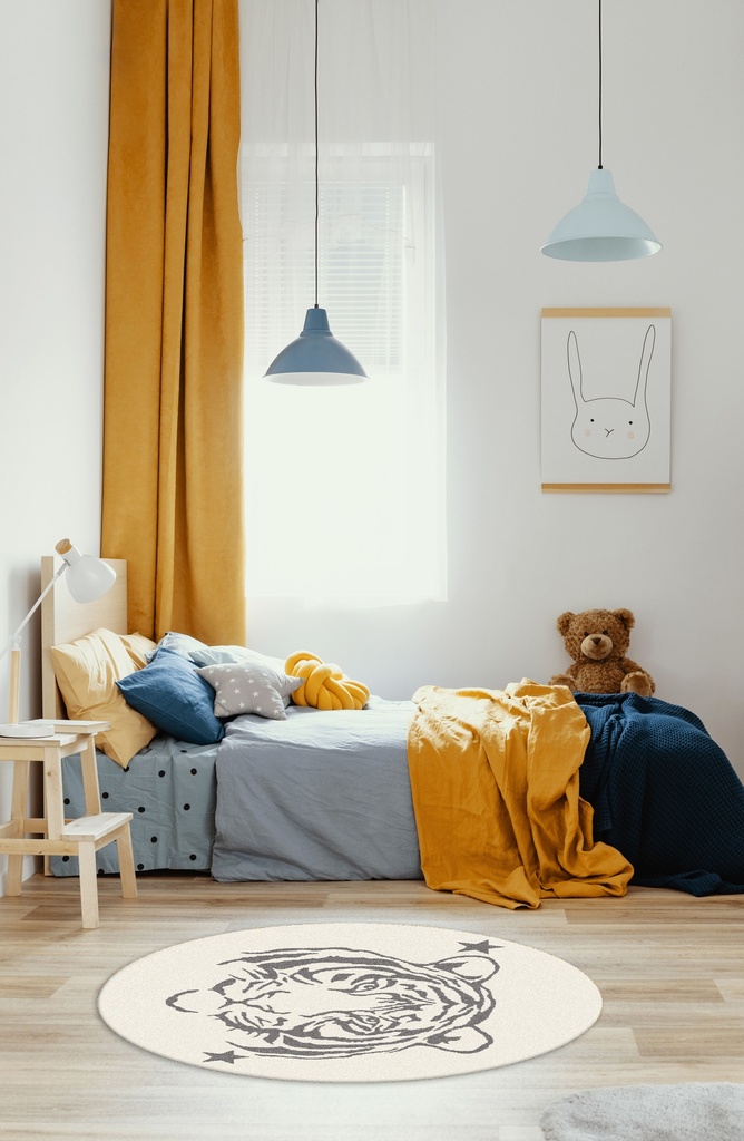 Covor camera copil, Tigru în cerc , PP textură super moale, OW Giovanni Kids 7352,QH5,W, 80 X 80 CM