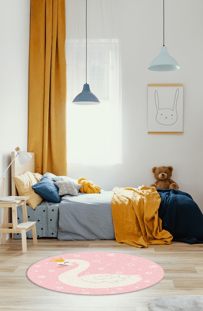 Carpet for Kids room, Lovely Swan Circle, PP Extra Soft Frize, OW Giovanni Kids 5678,QH5,P, 80 X 80 CM